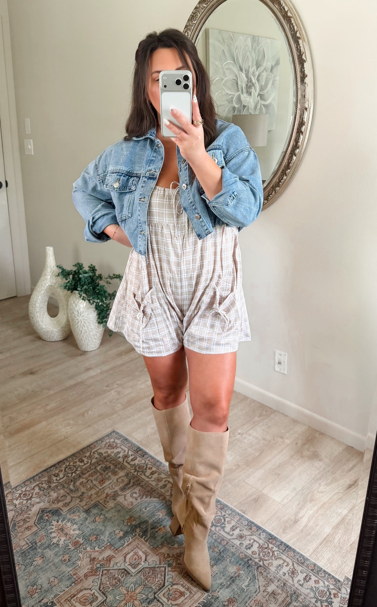 Falling For You Plaid Romper in Taupe