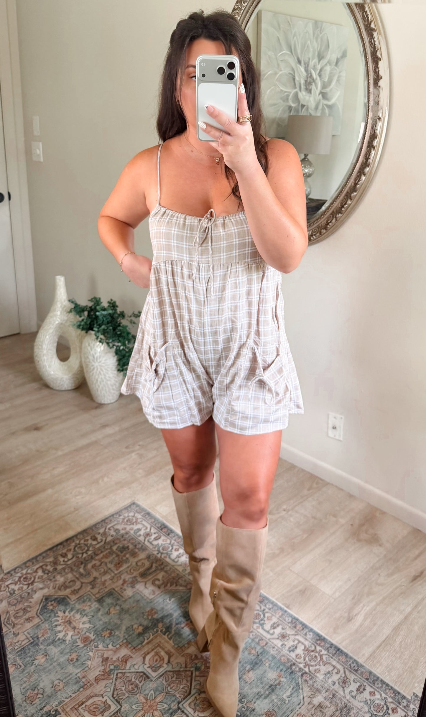 Falling For You Plaid Romper in Taupe