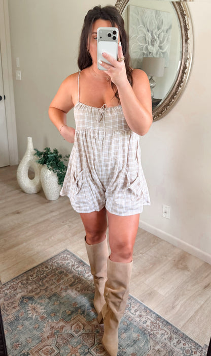 Falling For You Plaid Romper in Taupe