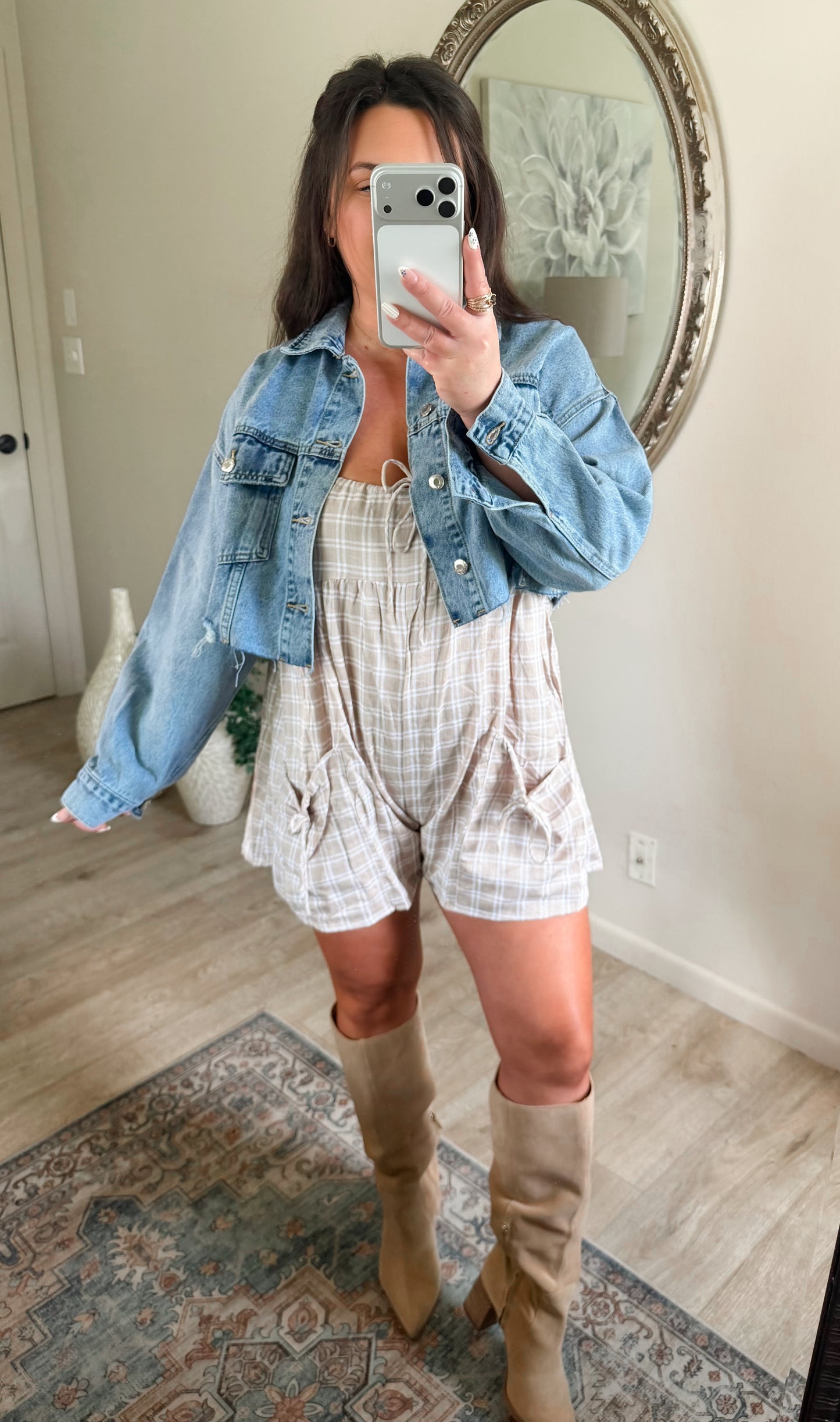 Falling For You Plaid Romper in Taupe