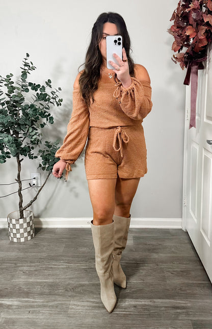 Woven Waffle Romper in Apricot