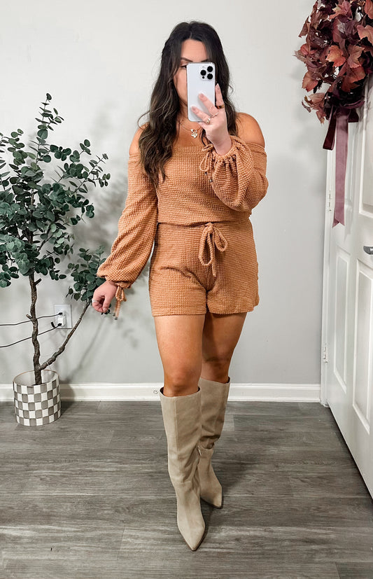 Woven Waffle Romper in Apricot