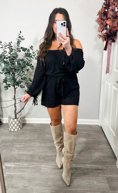Woven Waffle Romper in Black