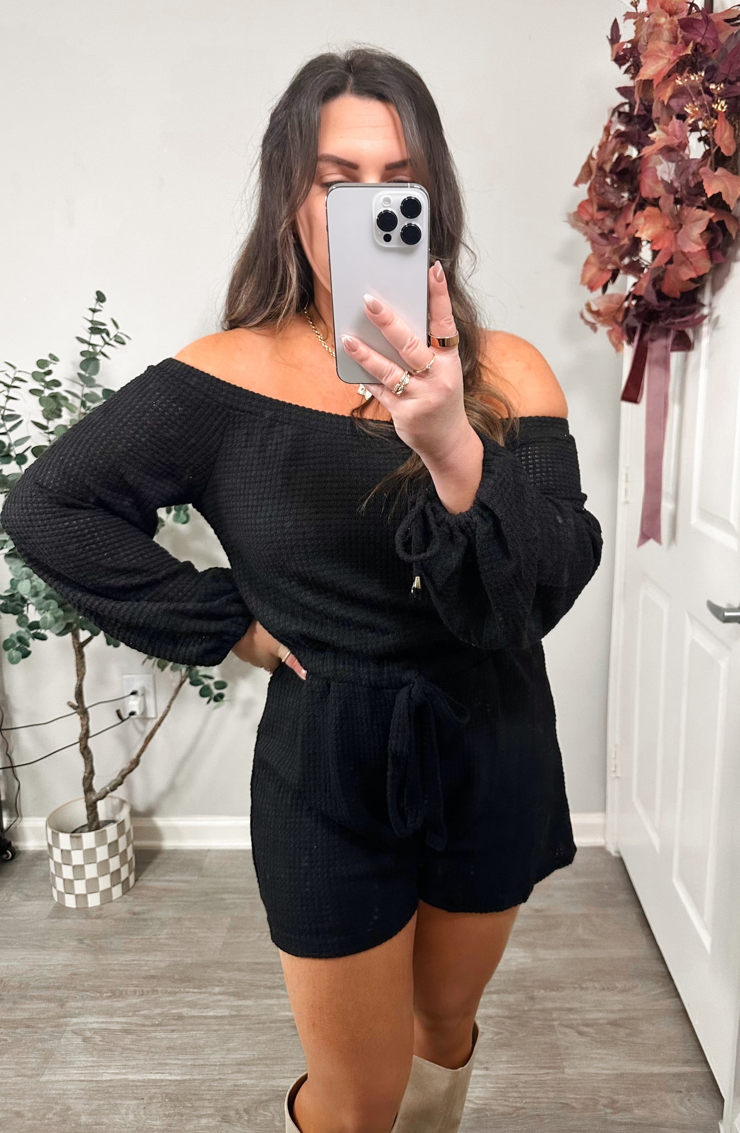 Woven Waffle Romper in Black