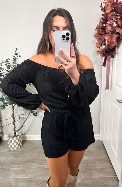 Woven Waffle Romper in Black