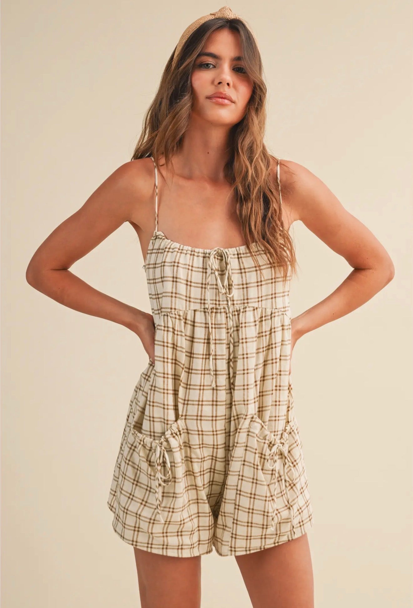 Falling For You Plaid Romper in Cream