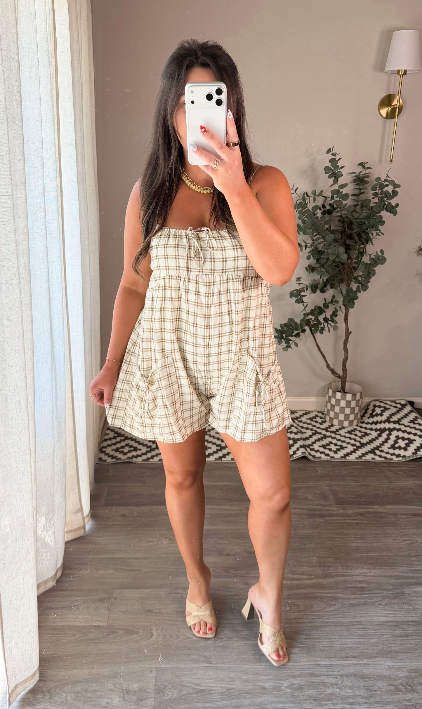 Falling For You Plaid Romper in Cream