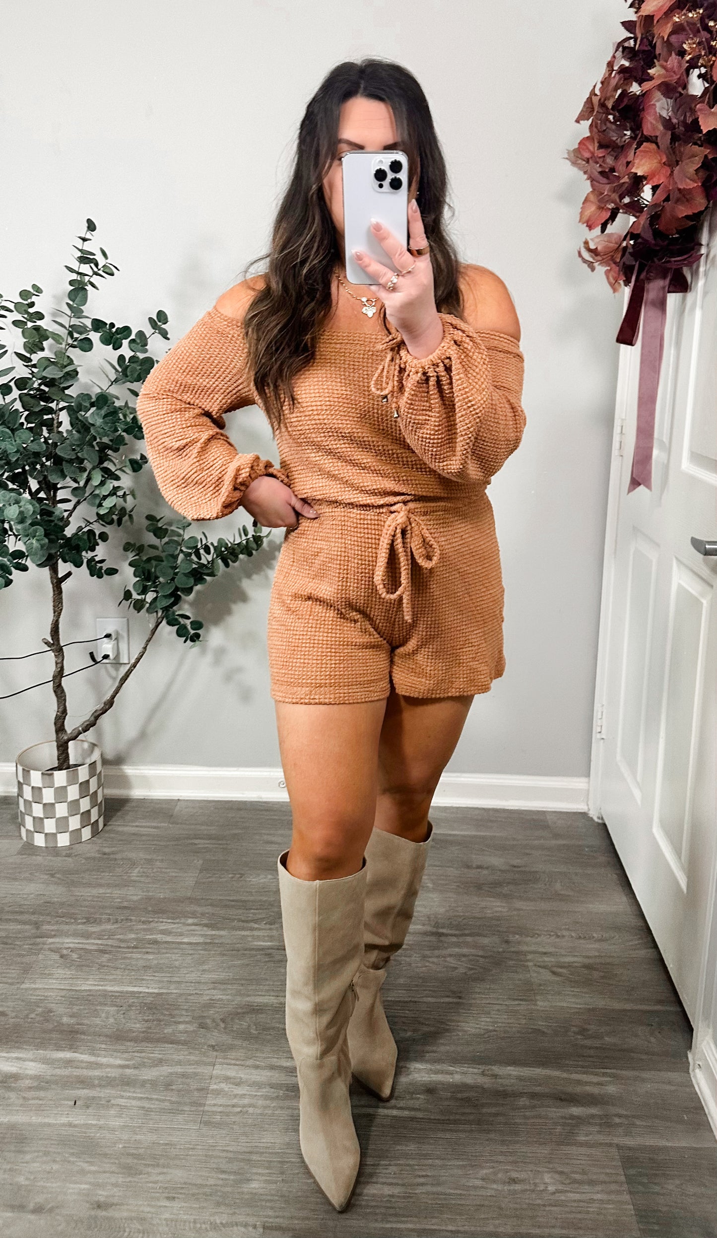 Woven Waffle Romper in Apricot