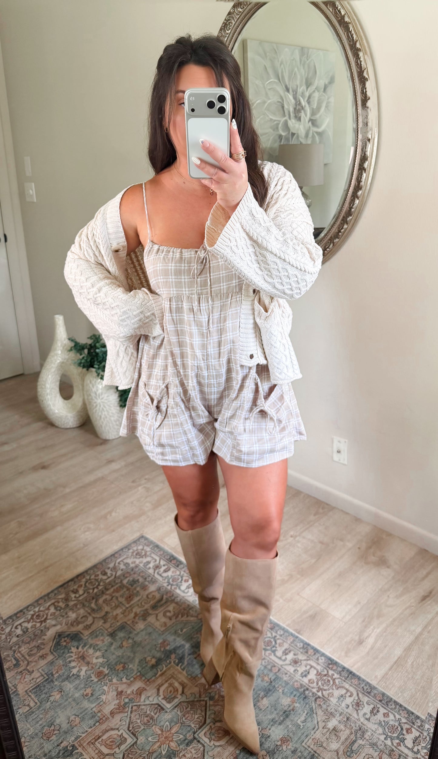 Falling For You Plaid Romper in Taupe