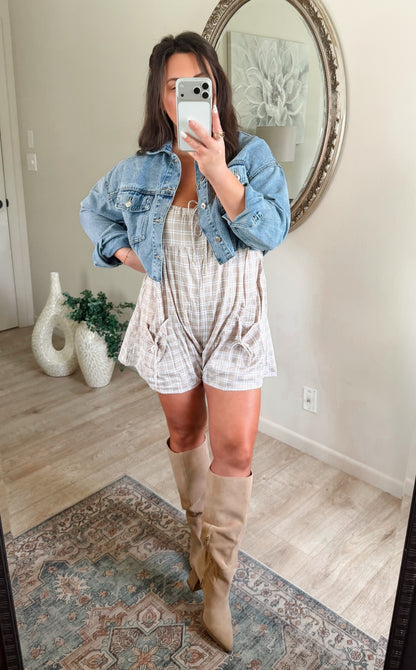 Falling For You Plaid Romper in Taupe