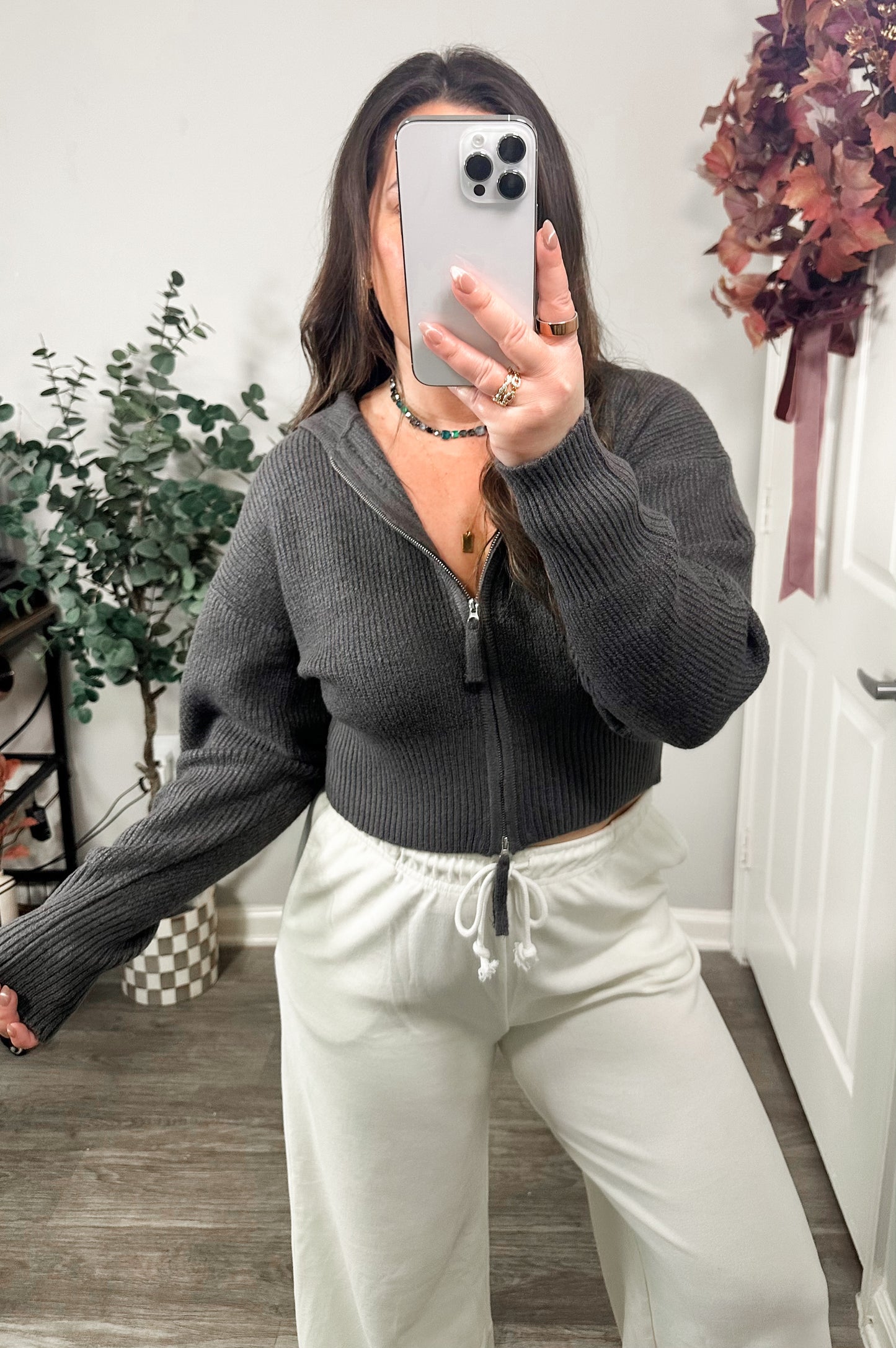 Nautical Charm Zip Up in Charcoal Grey